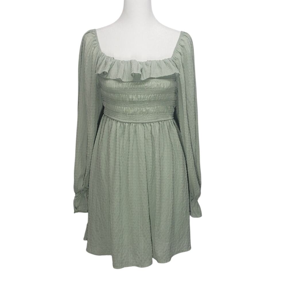 Blu Pepper Sage Green Smocked Dress Balloon Sleeve Ruffle Boho Cottagecore M